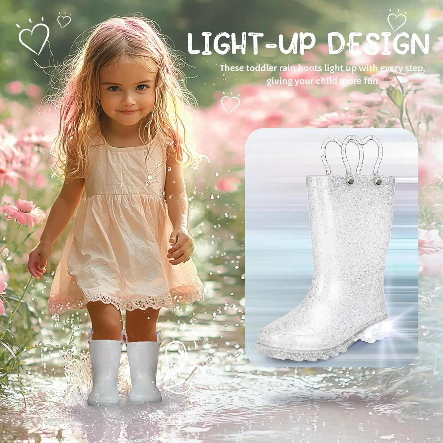 Toddler Rain Boots Girls Rain Boots - Glitter Light Up Kids Rain Boots with Easy-On Handles Lightwight Waterproof Rain Shoes(Toddler/Little/Big kids)