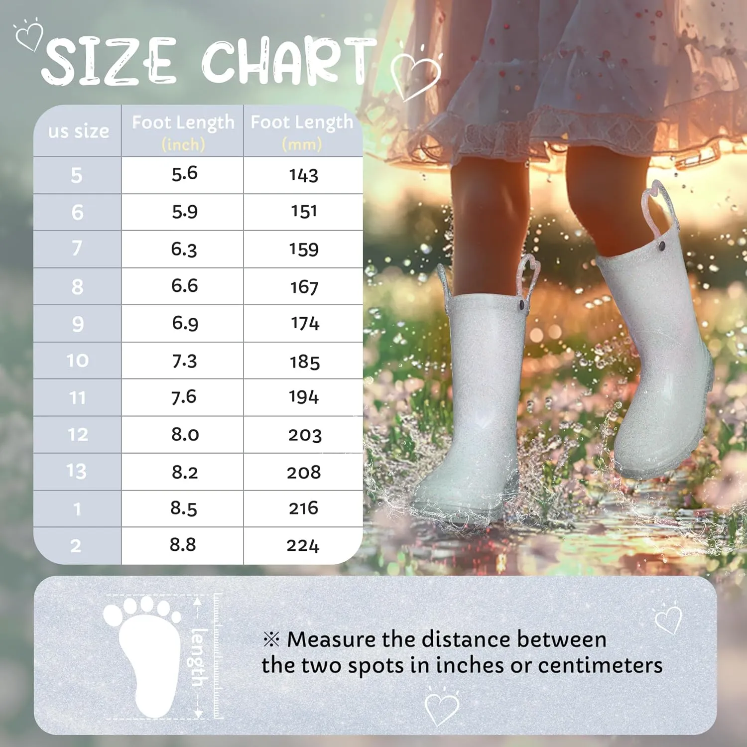 Toddler Rain Boots Girls Rain Boots - Glitter Light Up Kids Rain Boots with Easy-On Handles Lightwight Waterproof Rain Shoes(Toddler/Little/Big kids)