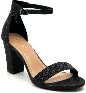 TOP Moda Women Rhinestone Glitter Ankle Strap Chunky Heel Sandals