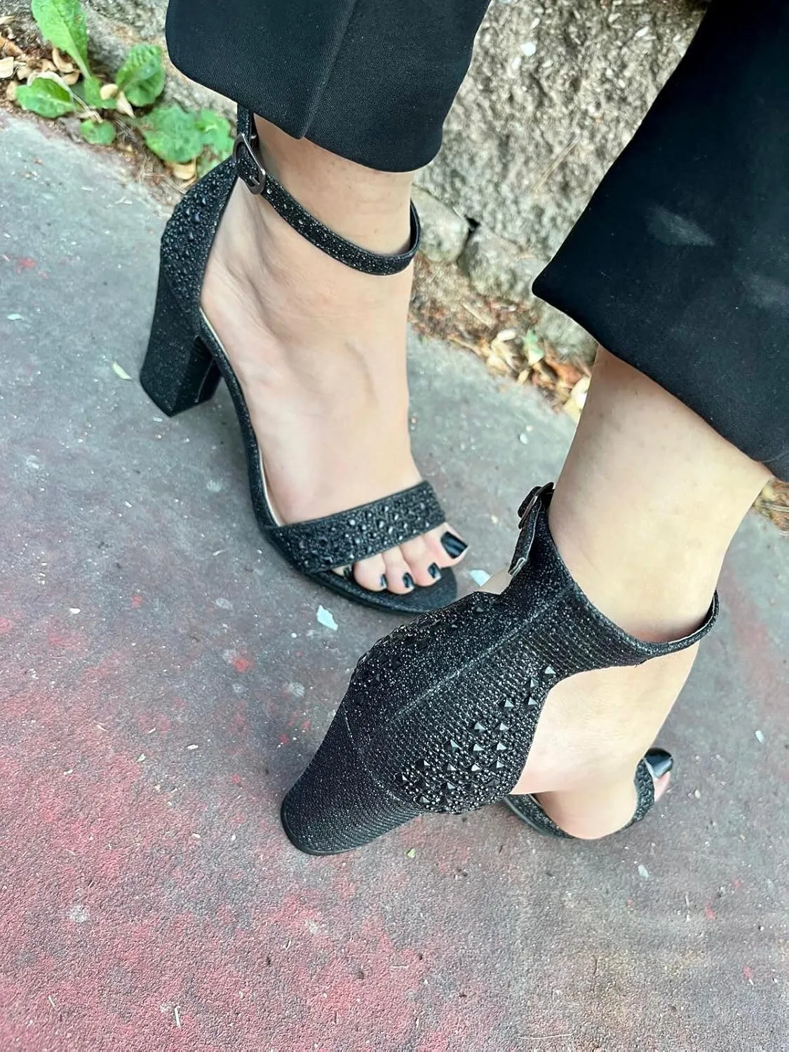 TOP Moda Women Rhinestone Glitter Ankle Strap Chunky Heel Sandals