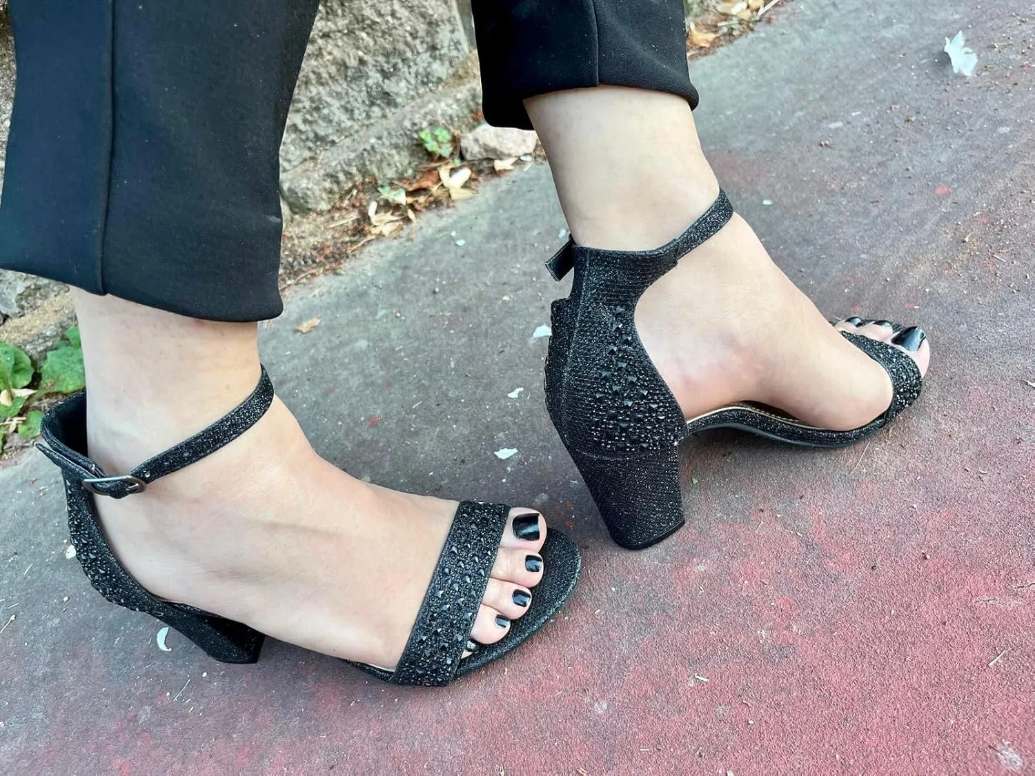TOP Moda Women Rhinestone Glitter Ankle Strap Chunky Heel Sandals