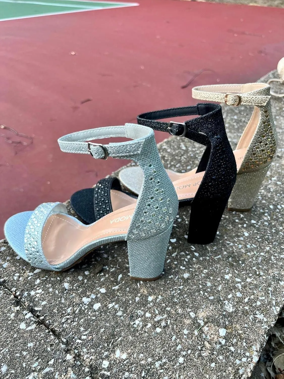 TOP Moda Women Rhinestone Glitter Ankle Strap Chunky Heel Sandals
