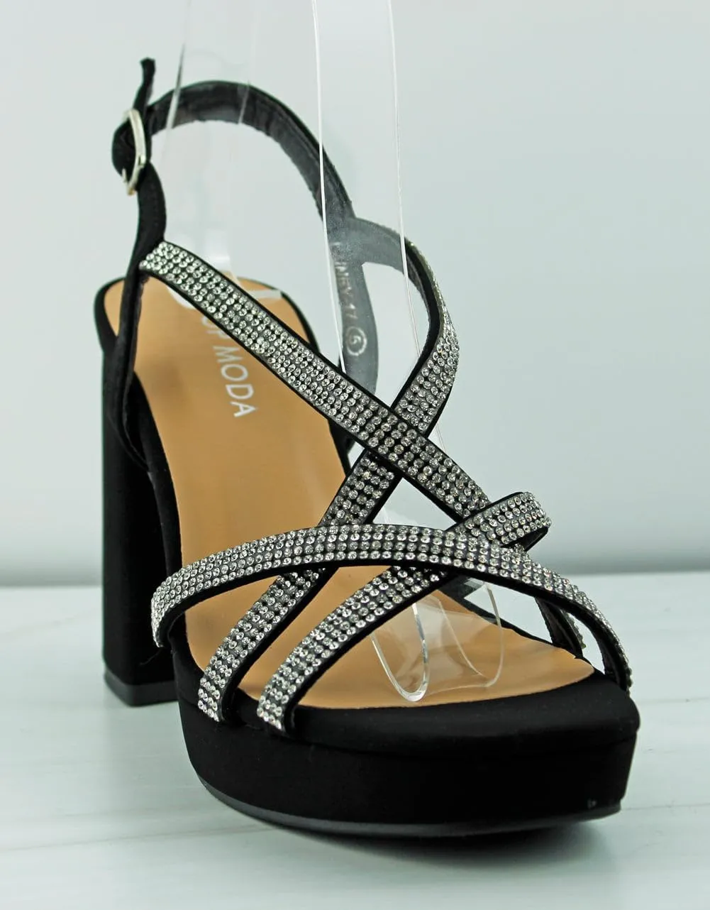 TOP Moda Women's Chunky Heel Ankle Strap Open Toe Platform Strappy Rhinestone Sandals