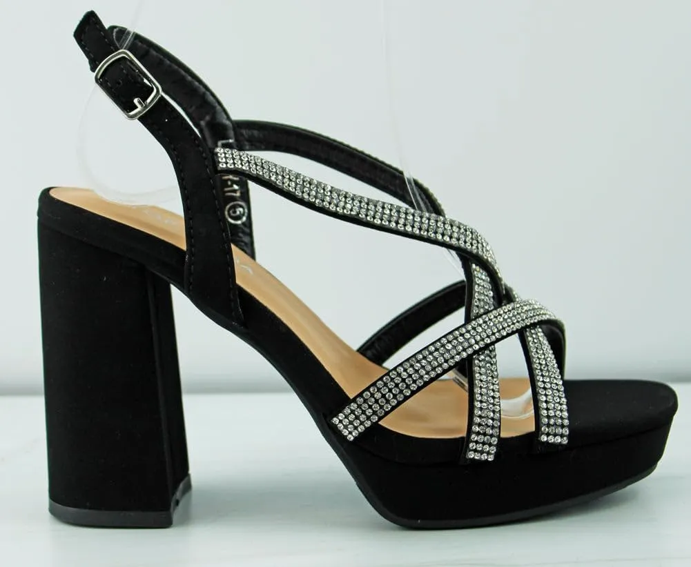 TOP Moda Women's Chunky Heel Ankle Strap Open Toe Platform Strappy Rhinestone Sandals