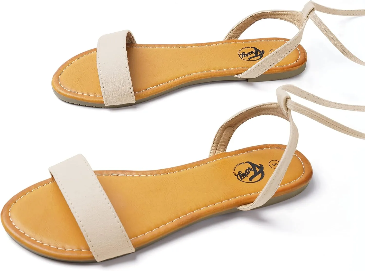 Trary Women's Lace Up Open Toe Strappy Sandals, Ankle Wrap Flat Dressy Tie Up Summer Footwear
