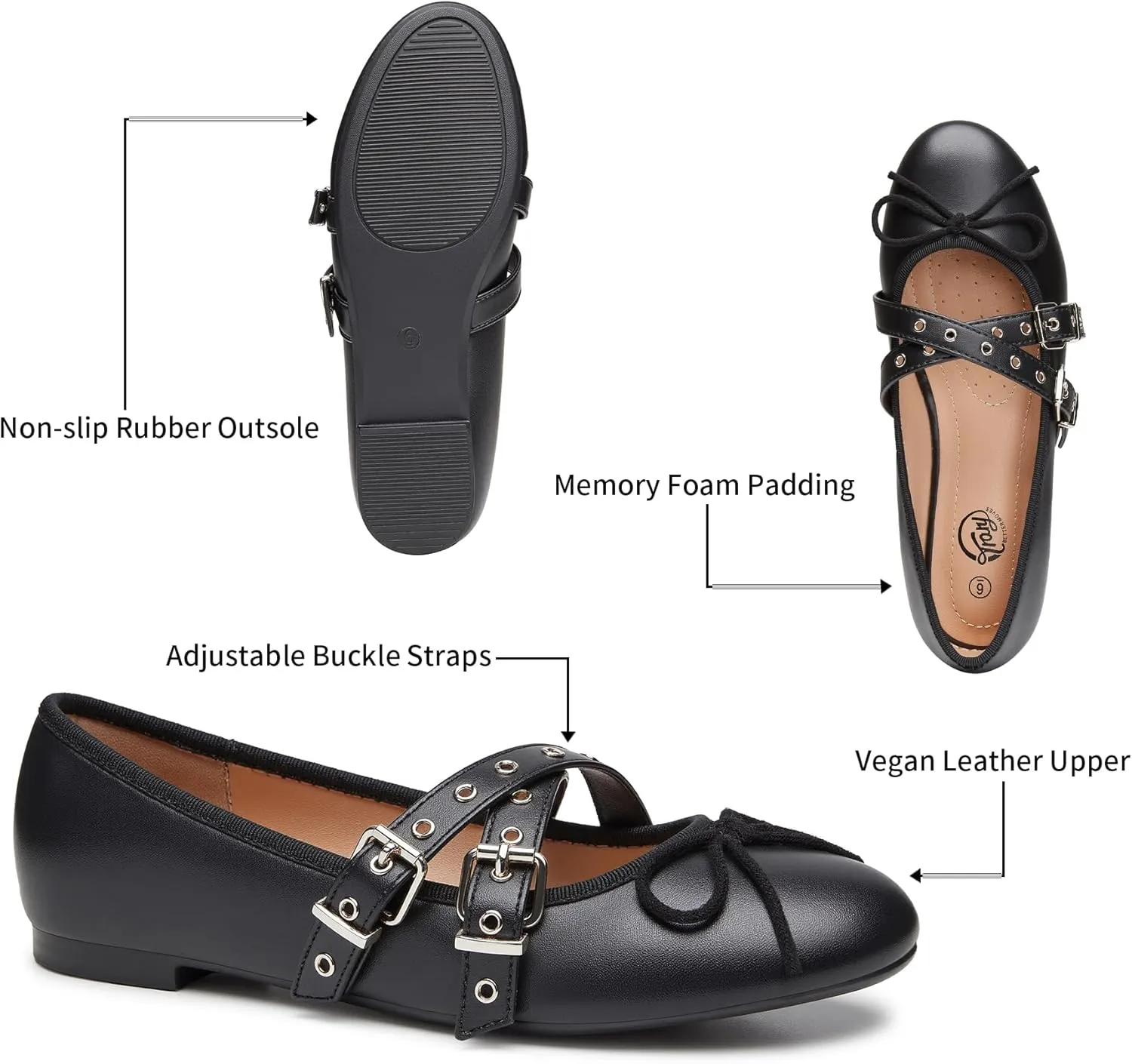 Trary Women's Mary Jane Shoes, Memory Foam Ballet Flats, Black