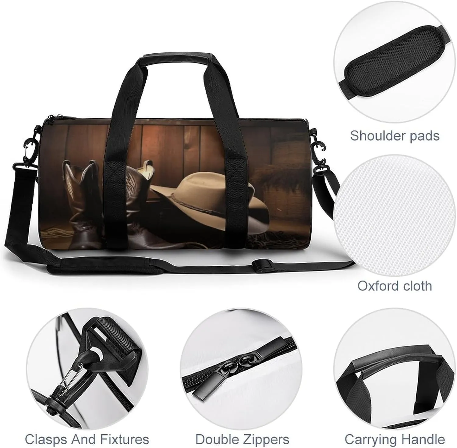 Travel Duffel Bag for Men And Women,Cowboy Black Hat Western Boots Waterproof Sports Fitness Bag Portable Travel Duffel Bag, 17.7in/9in/9in