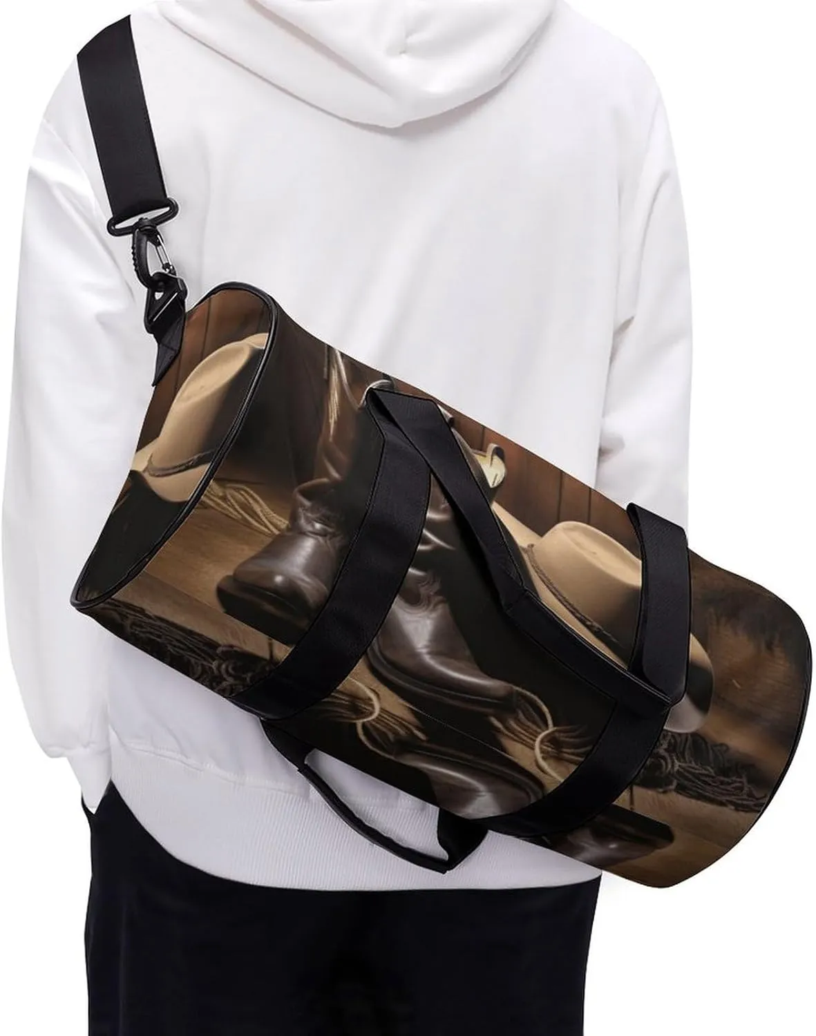 Travel Duffel Bag for Men And Women,Cowboy Black Hat Western Boots Waterproof Sports Fitness Bag Portable Travel Duffel Bag, 17.7in/9in/9in