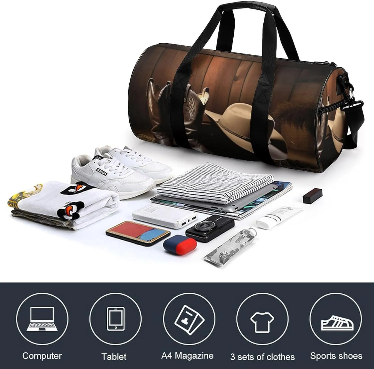 Travel Duffel Bag for Men And Women,Cowboy Black Hat Western Boots Waterproof Sports Fitness Bag Portable Travel Duffel Bag, 17.7in/9in/9in