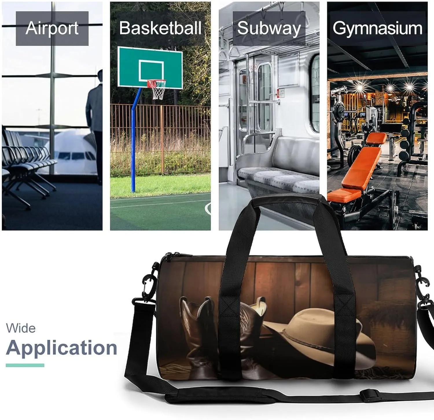 Travel Duffel Bag for Men And Women,Cowboy Black Hat Western Boots Waterproof Sports Fitness Bag Portable Travel Duffel Bag, 17.7in/9in/9in