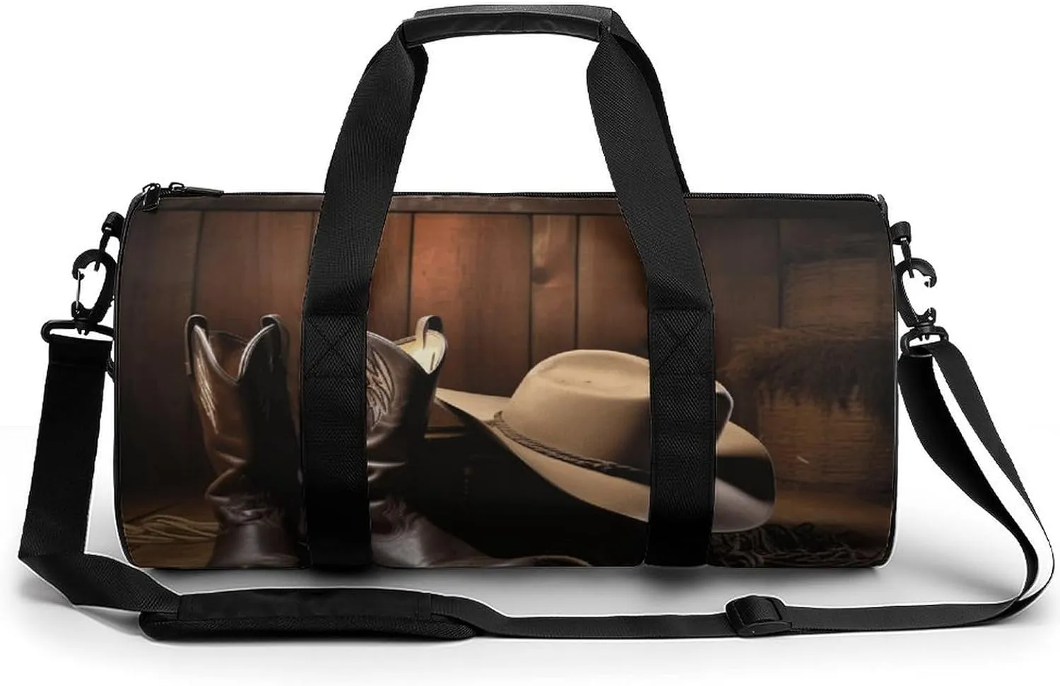 Travel Duffel Bag for Men And Women,Cowboy Black Hat Western Boots Waterproof Sports Fitness Bag Portable Travel Duffel Bag, 17.7in/9in/9in