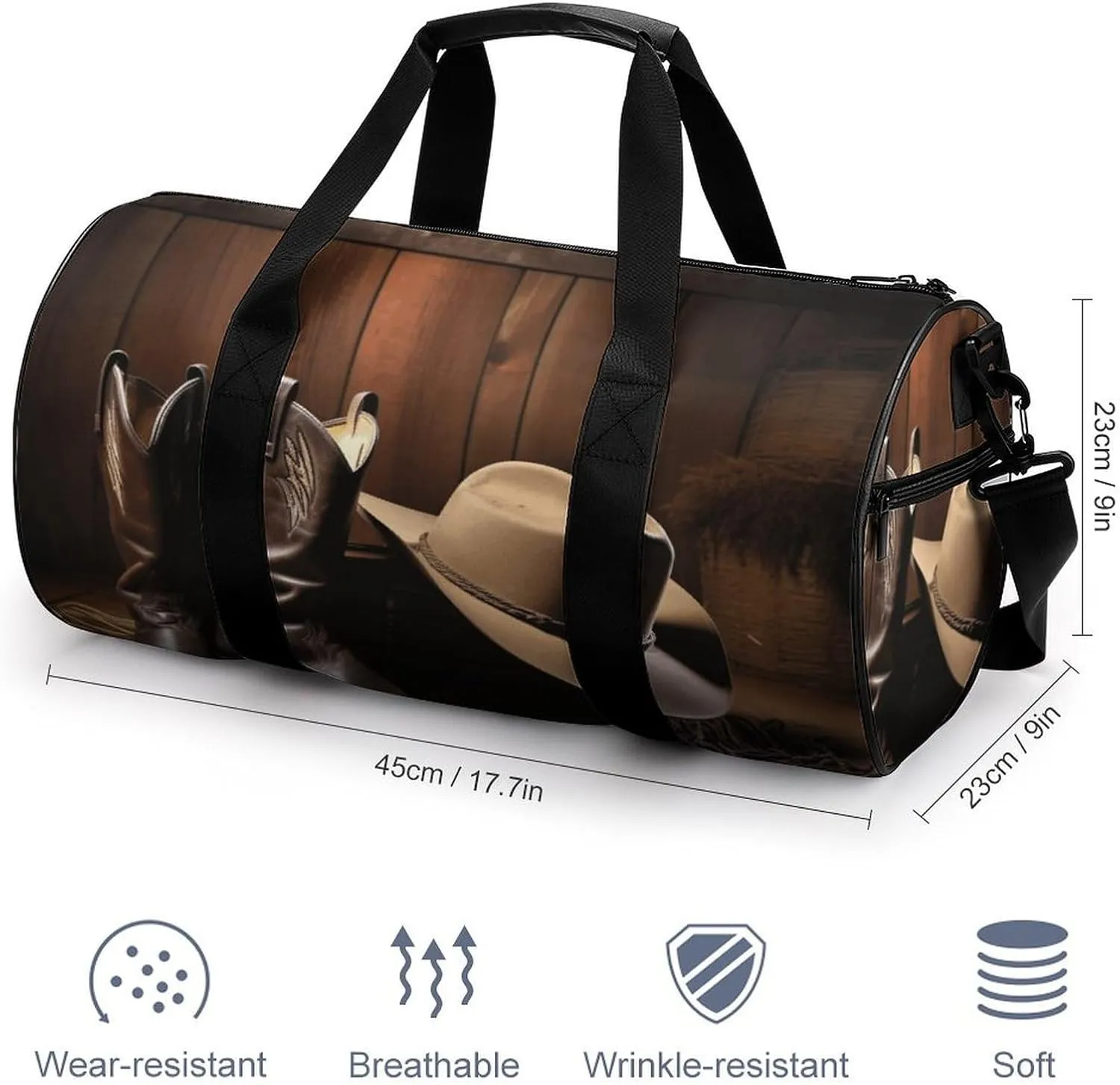 Travel Duffel Bag for Men And Women,Cowboy Black Hat Western Boots Waterproof Sports Fitness Bag Portable Travel Duffel Bag, 17.7in/9in/9in
