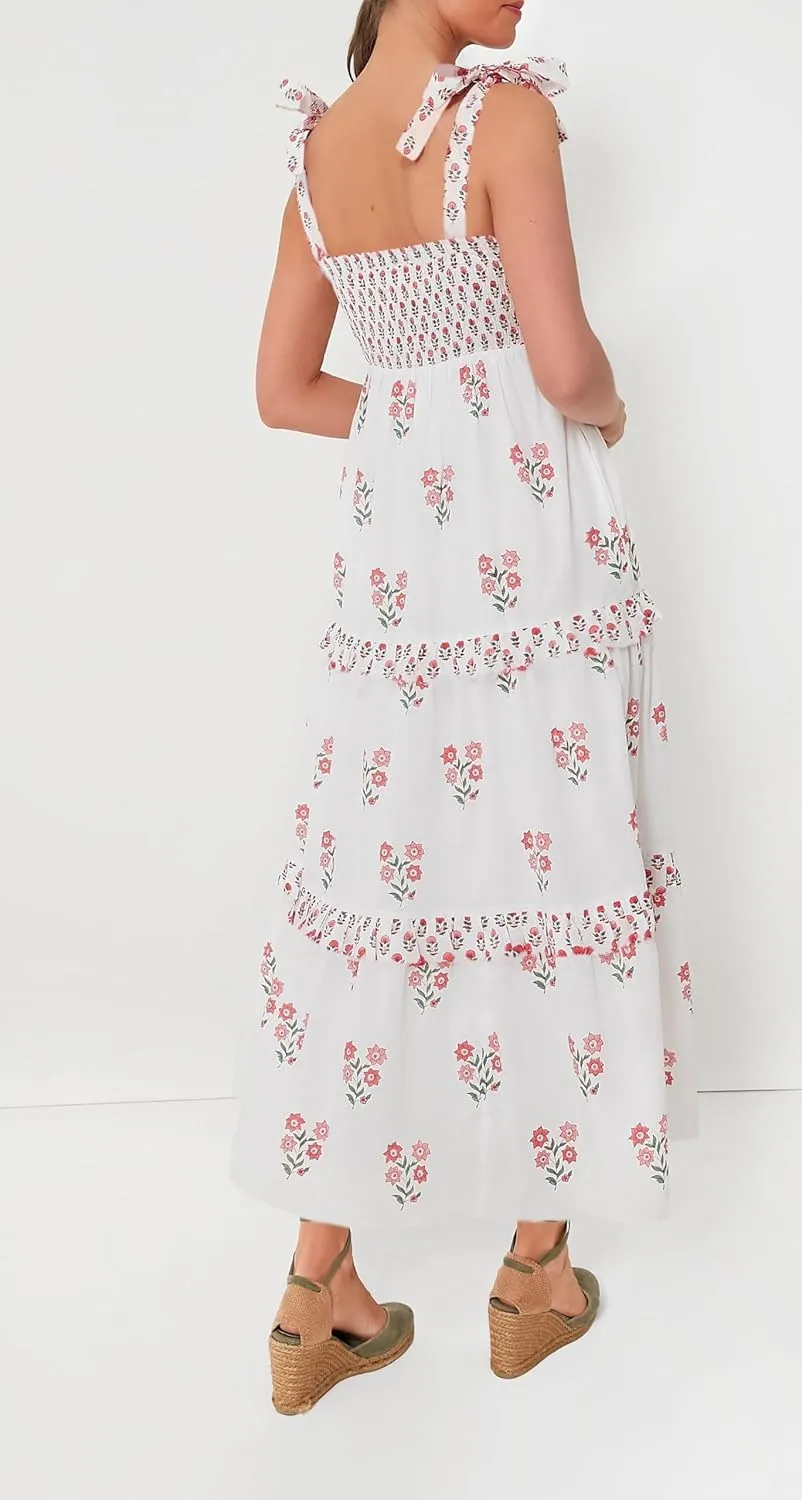 UAURORAO Women Boho Floral Maxi Dress Tie Shoulder Smocked Tiered Long Dress Flowy Striped Color Block Swing Sundress