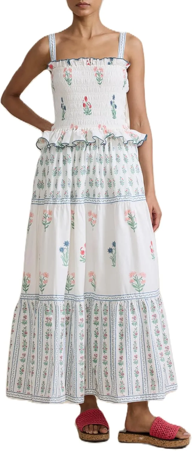UAURORAO Women Boho Floral Maxi Dress Tie Shoulder Smocked Tiered Long Dress Flowy Striped Color Block Swing Sundress