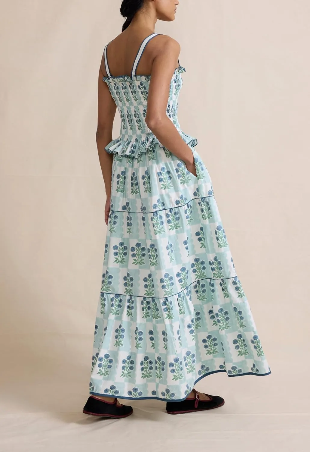 UAURORAO Women Boho Floral Maxi Dress Tie Shoulder Smocked Tiered Long Dress Flowy Striped Color Block Swing Sundress