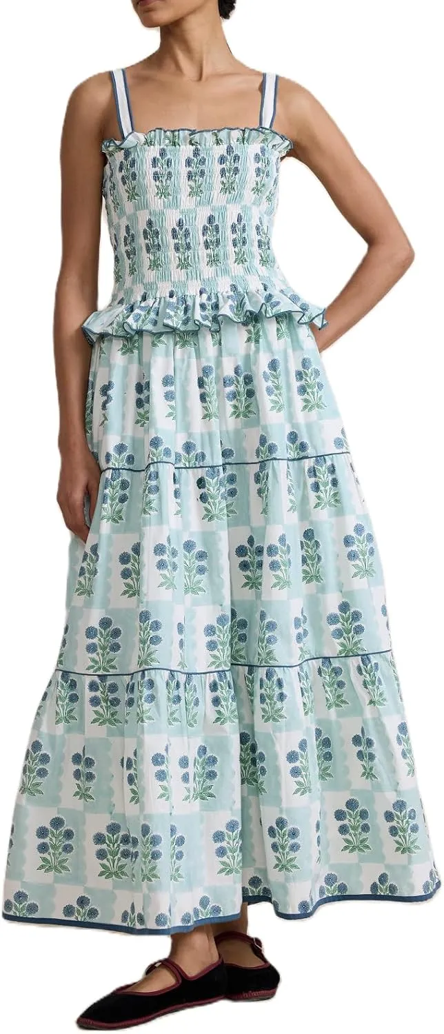 UAURORAO Women Boho Floral Maxi Dress Tie Shoulder Smocked Tiered Long Dress Flowy Striped Color Block Swing Sundress
