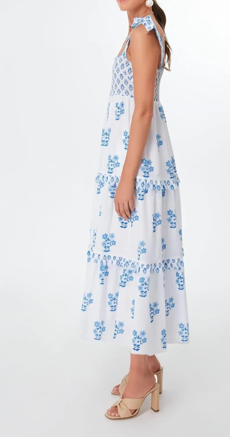 UAURORAO Women Boho Floral Maxi Dress Tie Shoulder Smocked Tiered Long Dress Flowy Striped Color Block Swing Sundress