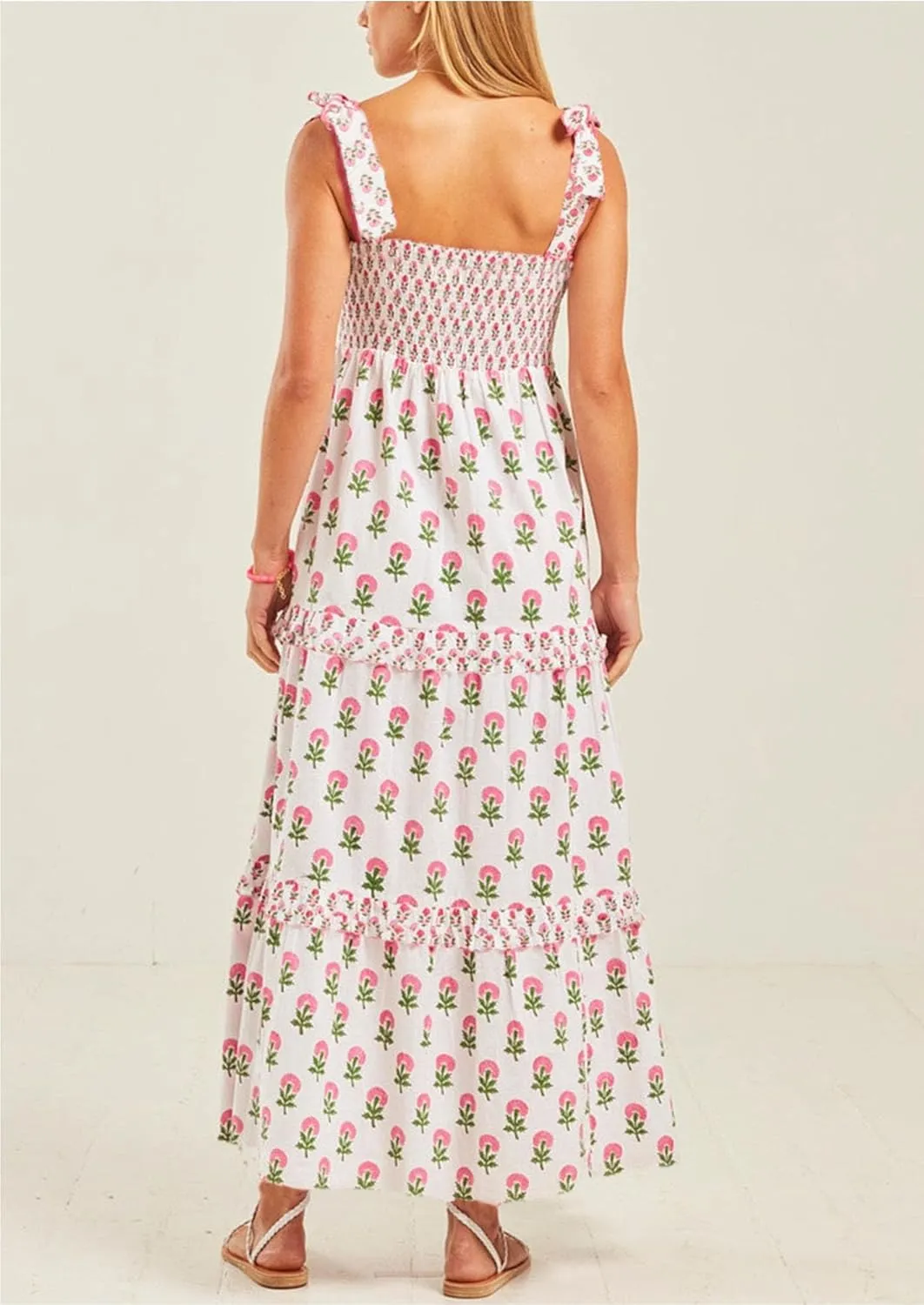 UAURORAO Women Boho Floral Maxi Dress Tie Shoulder Smocked Tiered Long Dress Flowy Striped Color Block Swing Sundress