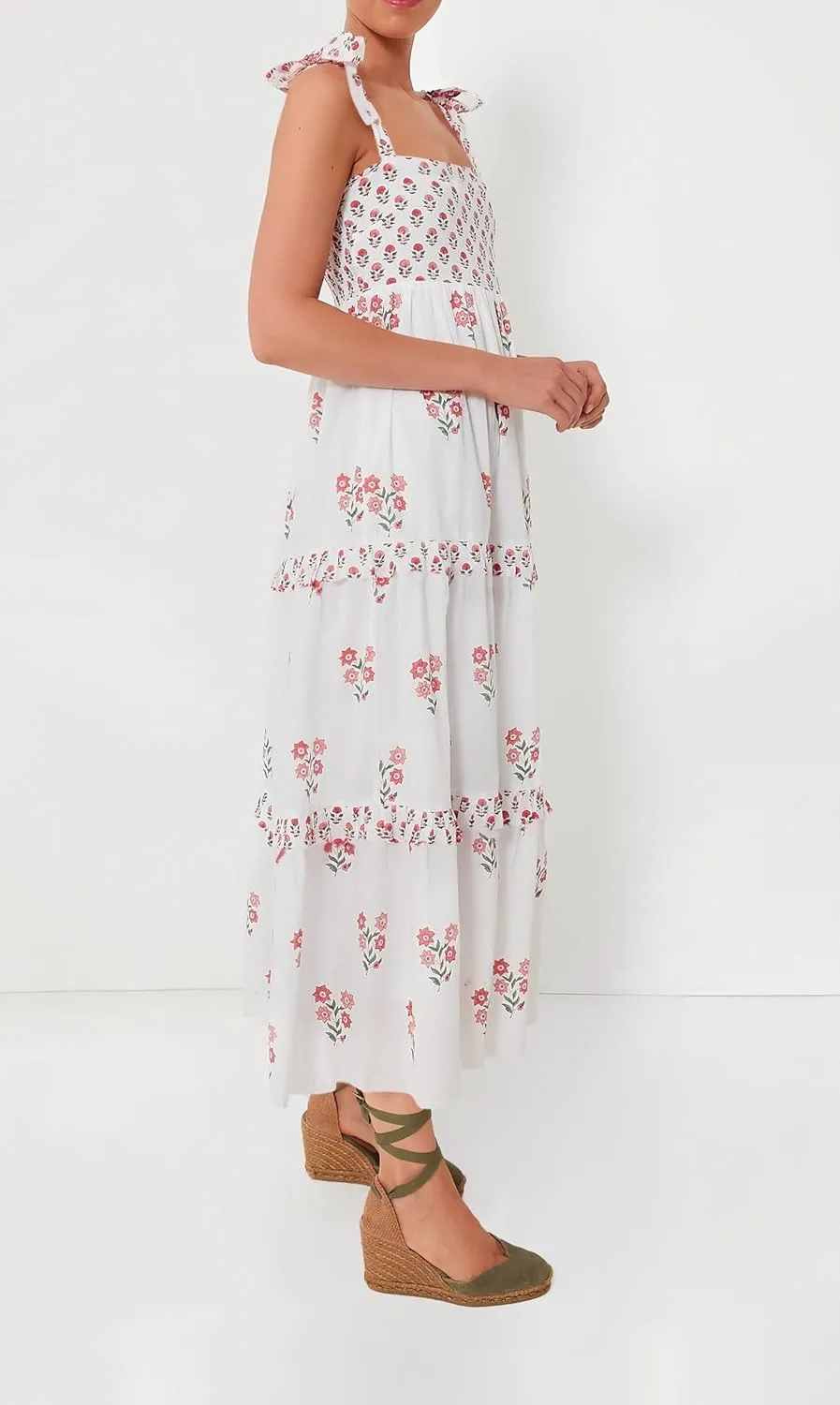 UAURORAO Women Boho Floral Maxi Dress Tie Shoulder Smocked Tiered Long Dress Flowy Striped Color Block Swing Sundress