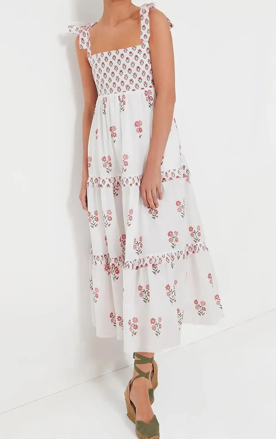 UAURORAO Women Boho Floral Maxi Dress Tie Shoulder Smocked Tiered Long Dress Flowy Striped Color Block Swing Sundress