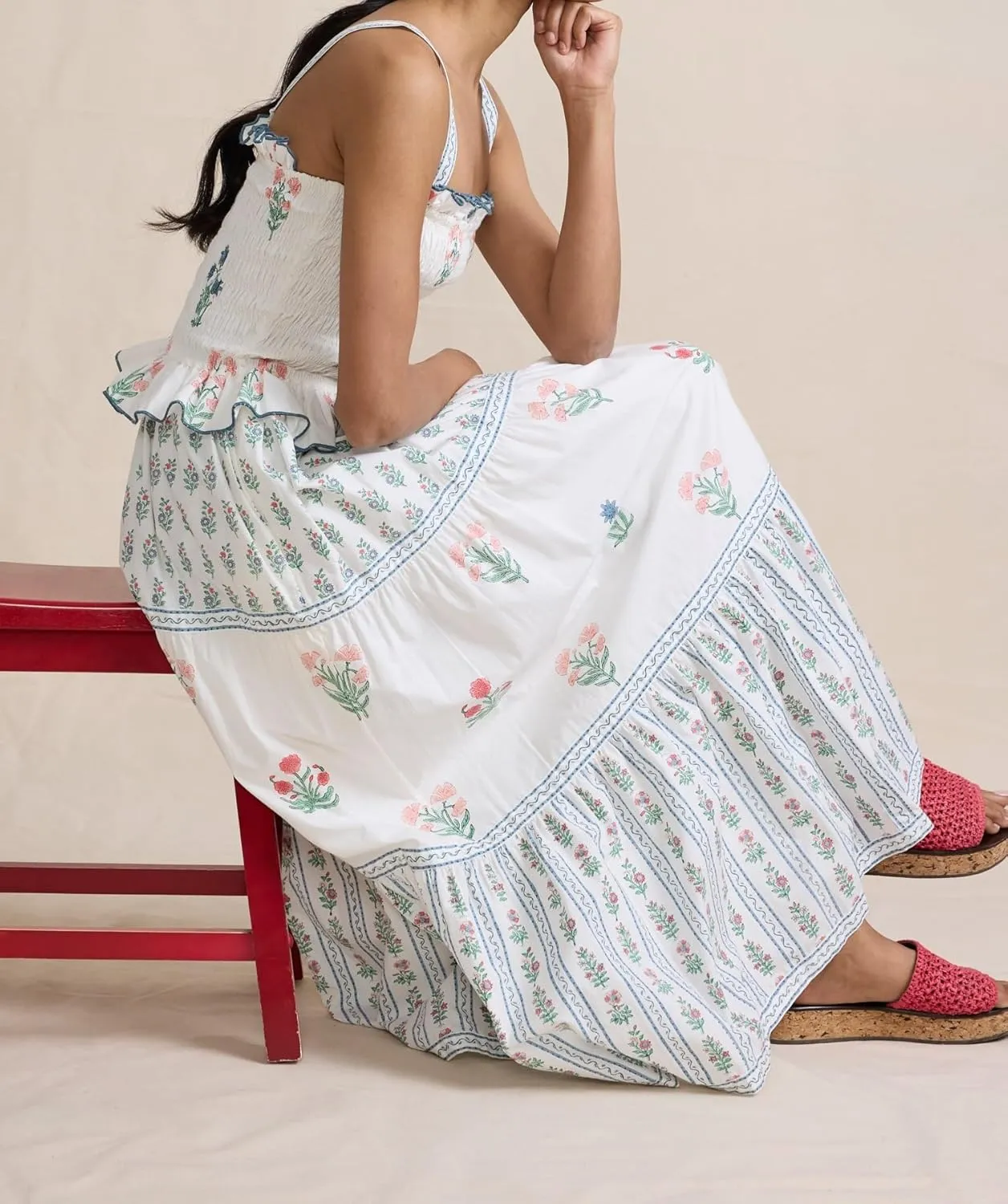UAURORAO Women Boho Floral Maxi Dress Tie Shoulder Smocked Tiered Long Dress Flowy Striped Color Block Swing Sundress