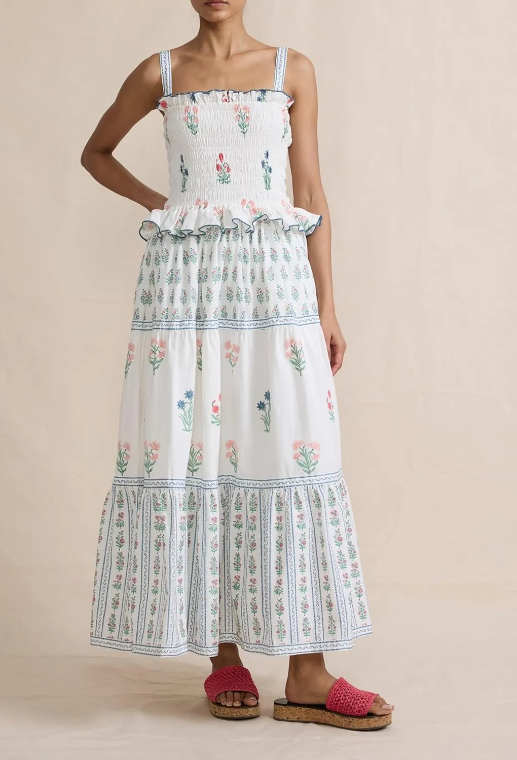 UAURORAO Women Boho Floral Maxi Dress Tie Shoulder Smocked Tiered Long Dress Flowy Striped Color Block Swing Sundress