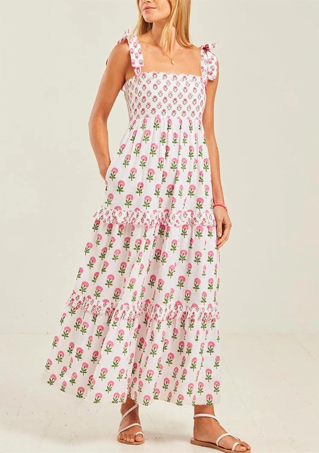 UAURORAO Women Boho Floral Maxi Dress Tie Shoulder Smocked Tiered Long Dress Flowy Striped Color Block Swing Sundress