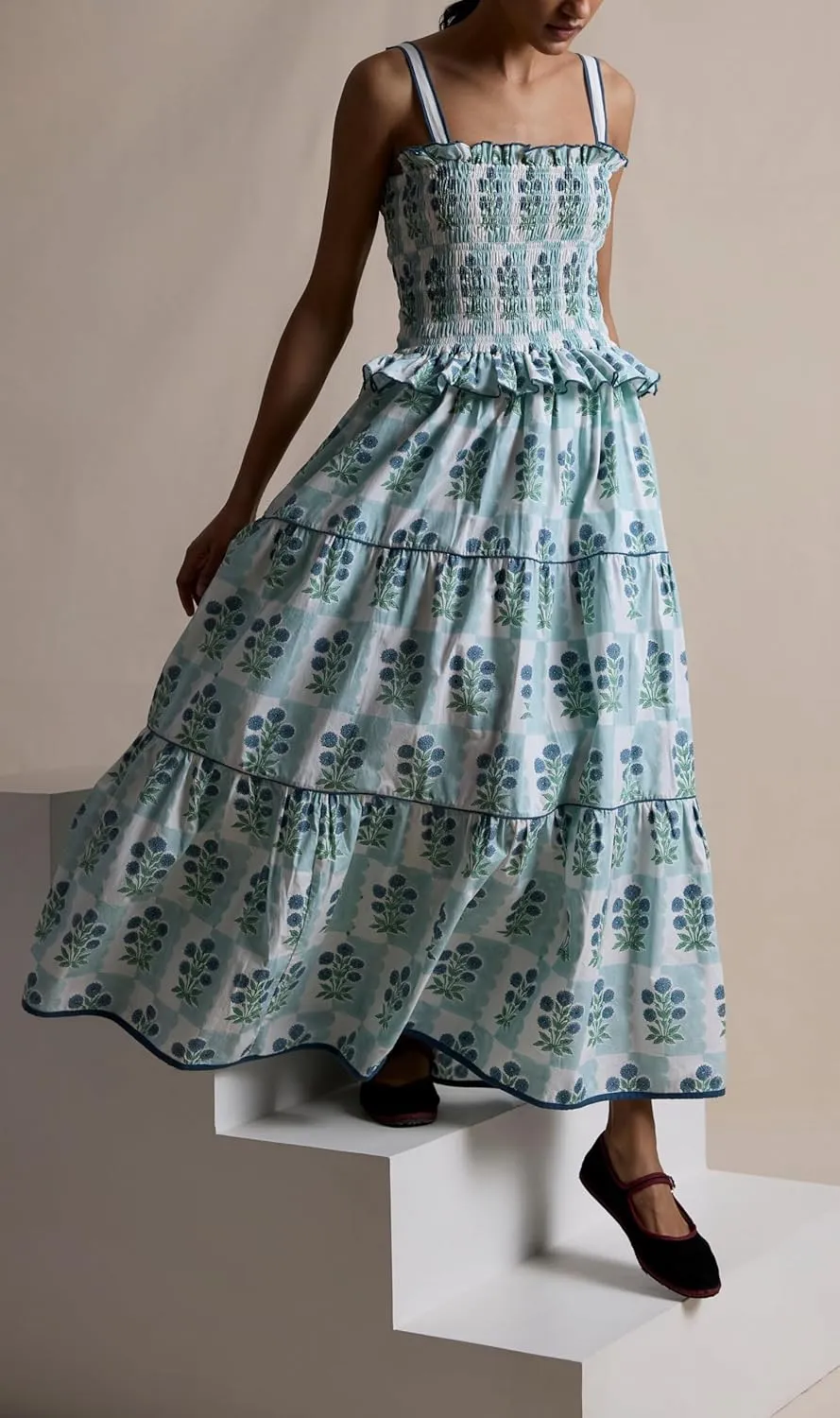UAURORAO Women Boho Floral Maxi Dress Tie Shoulder Smocked Tiered Long Dress Flowy Striped Color Block Swing Sundress