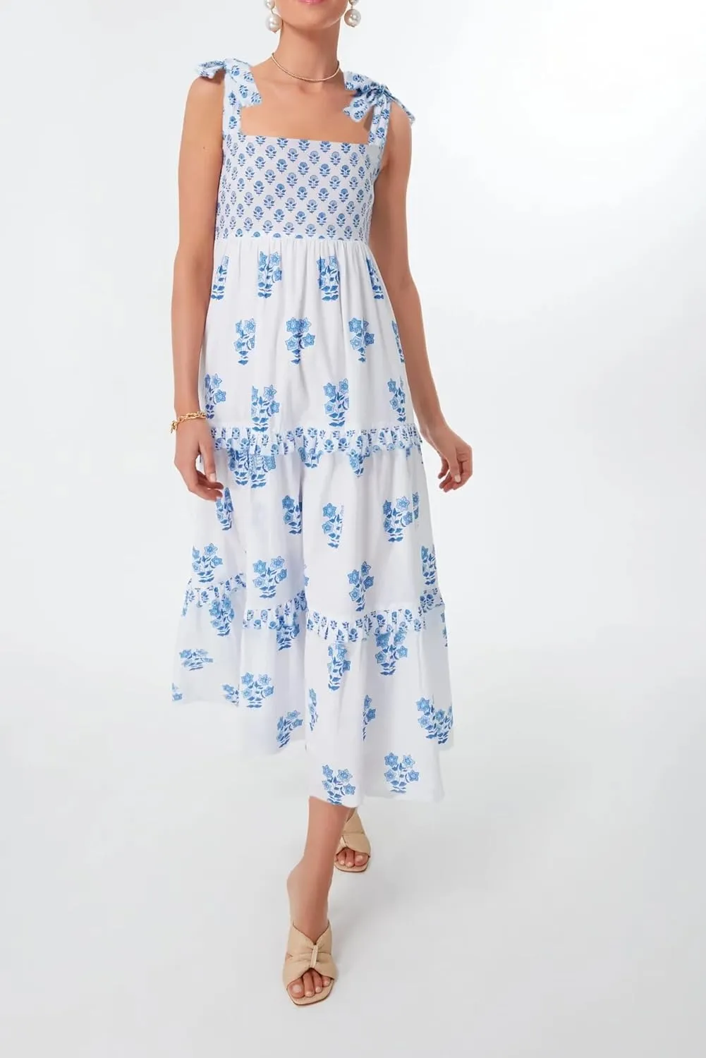 UAURORAO Women Boho Floral Maxi Dress Tie Shoulder Smocked Tiered Long Dress Flowy Striped Color Block Swing Sundress