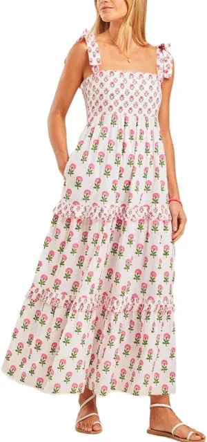 UAURORAO Women Boho Floral Maxi Dress Tie Shoulder Smocked Tiered Long Dress Flowy Striped Color Block Swing Sundress