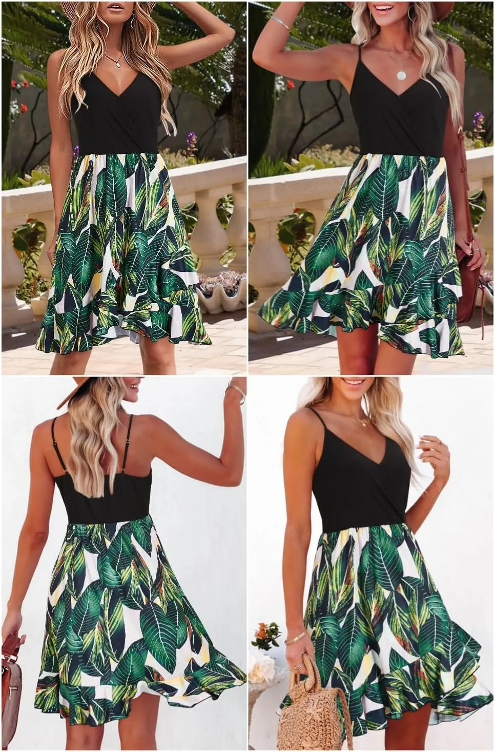 ULTRANICE Womens Summer Dresses Floral V Neck Ruffled Hem Spaghetti Spring Casual Beach Outfits Flowy Wrap Sun Dress