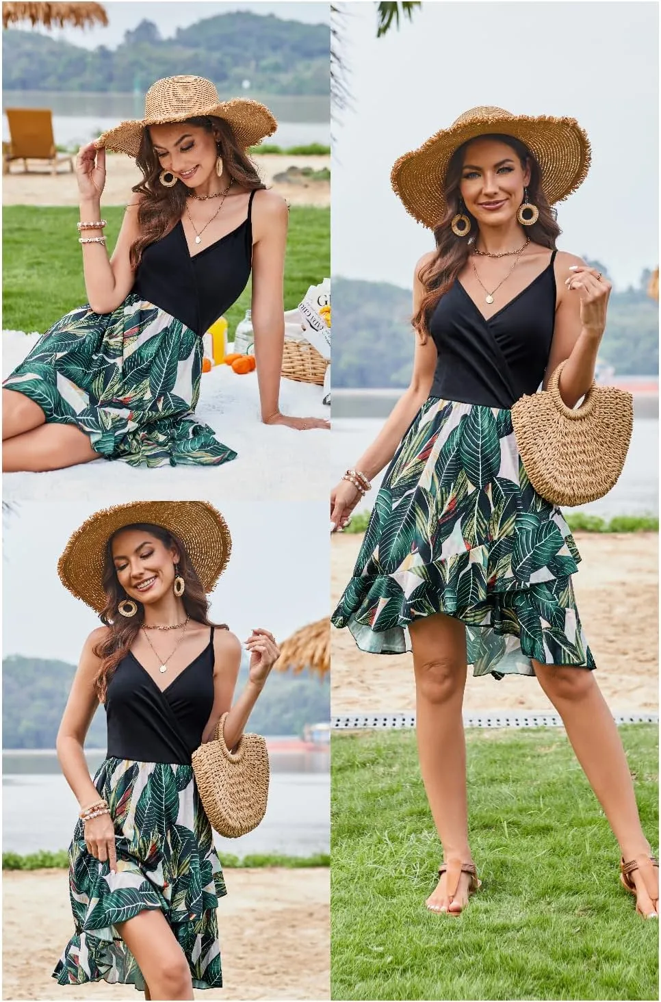 ULTRANICE Womens Summer Dresses Floral V Neck Ruffled Hem Spaghetti Spring Casual Beach Outfits Flowy Wrap Sun Dress