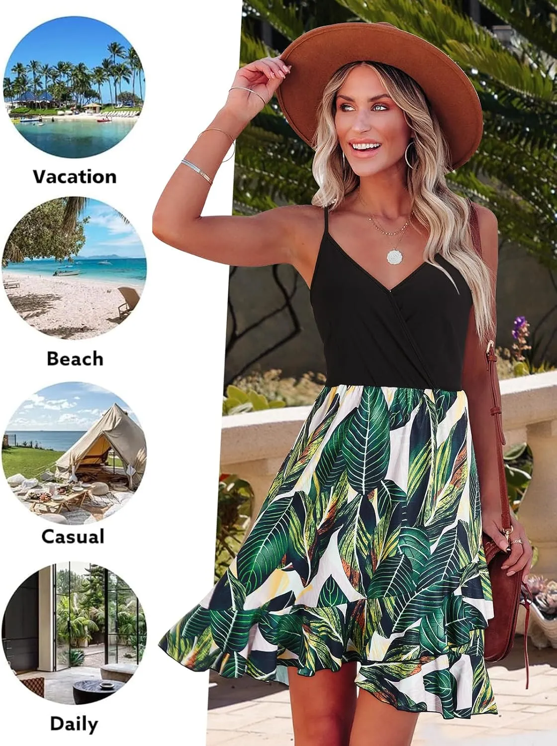 ULTRANICE Womens Summer Dresses Floral V Neck Ruffled Hem Spaghetti Spring Casual Beach Outfits Flowy Wrap Sun Dress