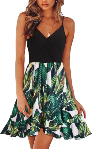 ULTRANICE Womens Summer Dresses Floral V Neck Ruffled Hem Spaghetti Spring Casual Beach Outfits Flowy Wrap Sun Dress