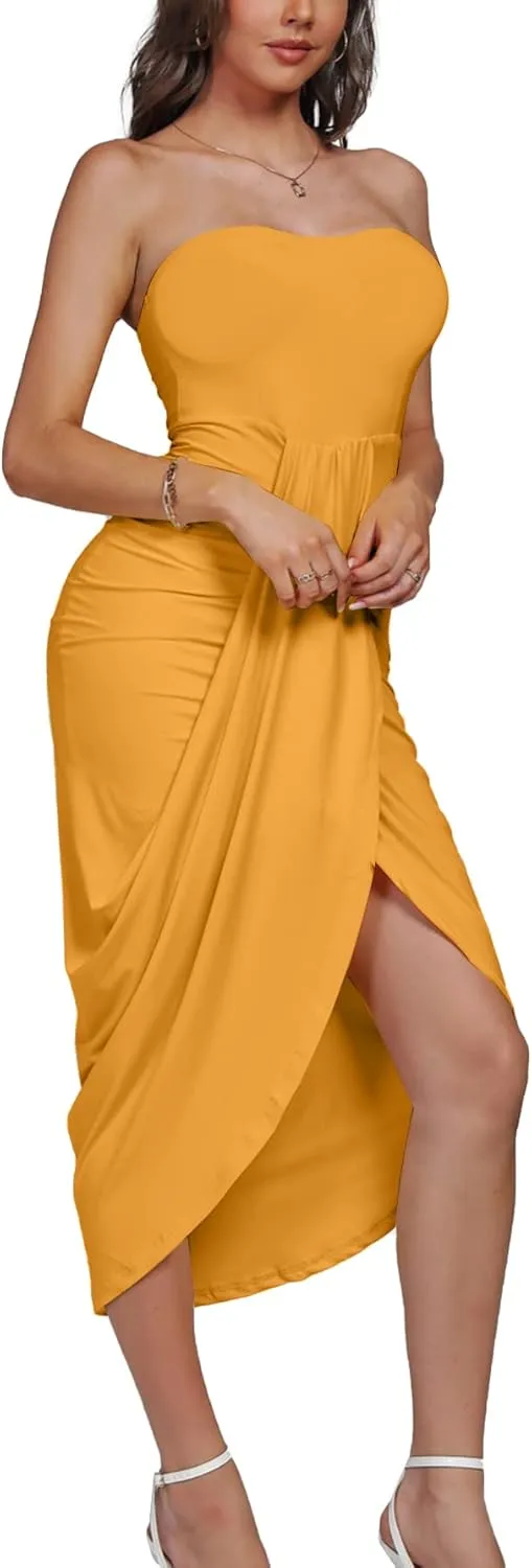 Umenlele Women's Strapless Ruched High Waist Wrap Split Asymmetrical Beach Maxi Long Dress