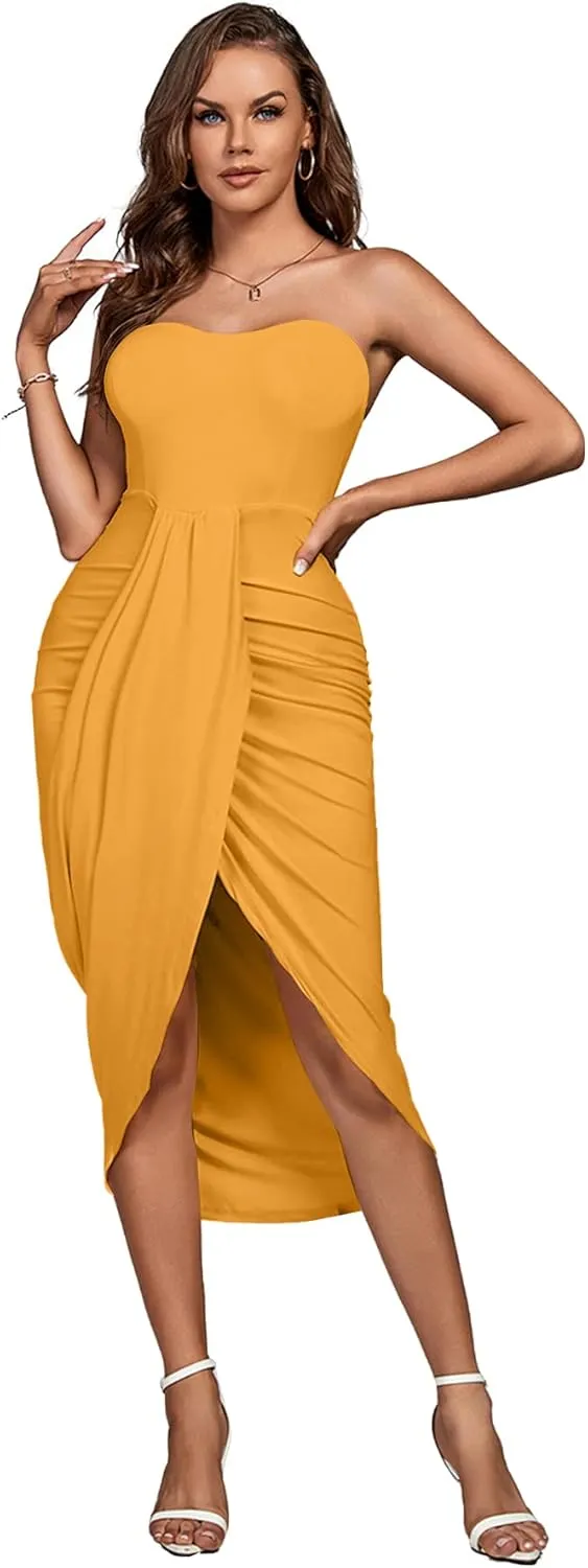 Umenlele Women's Strapless Ruched High Waist Wrap Split Asymmetrical Beach Maxi Long Dress