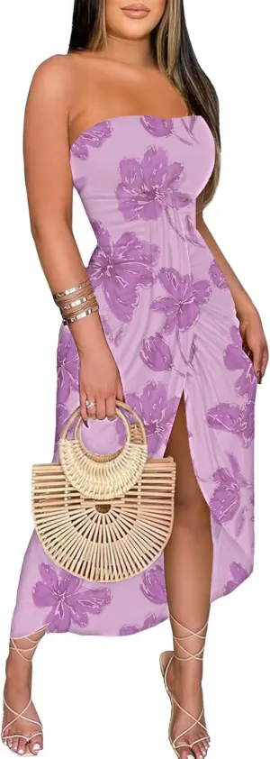 Umenlele Women's Strapless Ruched High Waist Wrap Split Asymmetrical Beach Maxi Long Dress
