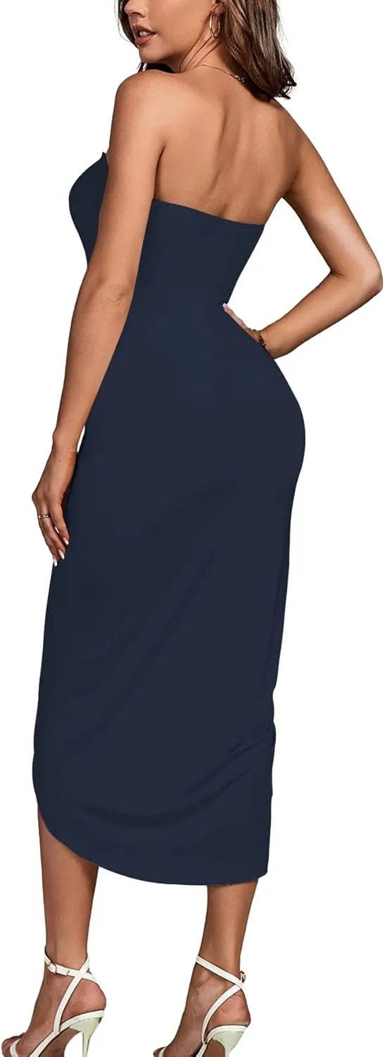 Umenlele Women's Strapless Ruched High Waist Wrap Split Asymmetrical Beach Maxi Long Dress