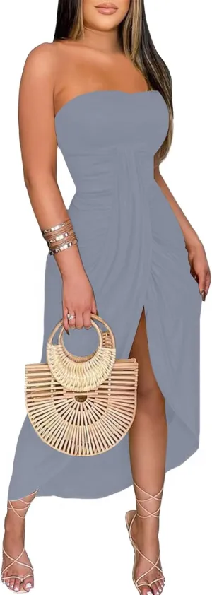 Umenlele Women's Strapless Ruched High Waist Wrap Split Asymmetrical Beach Maxi Long Dress