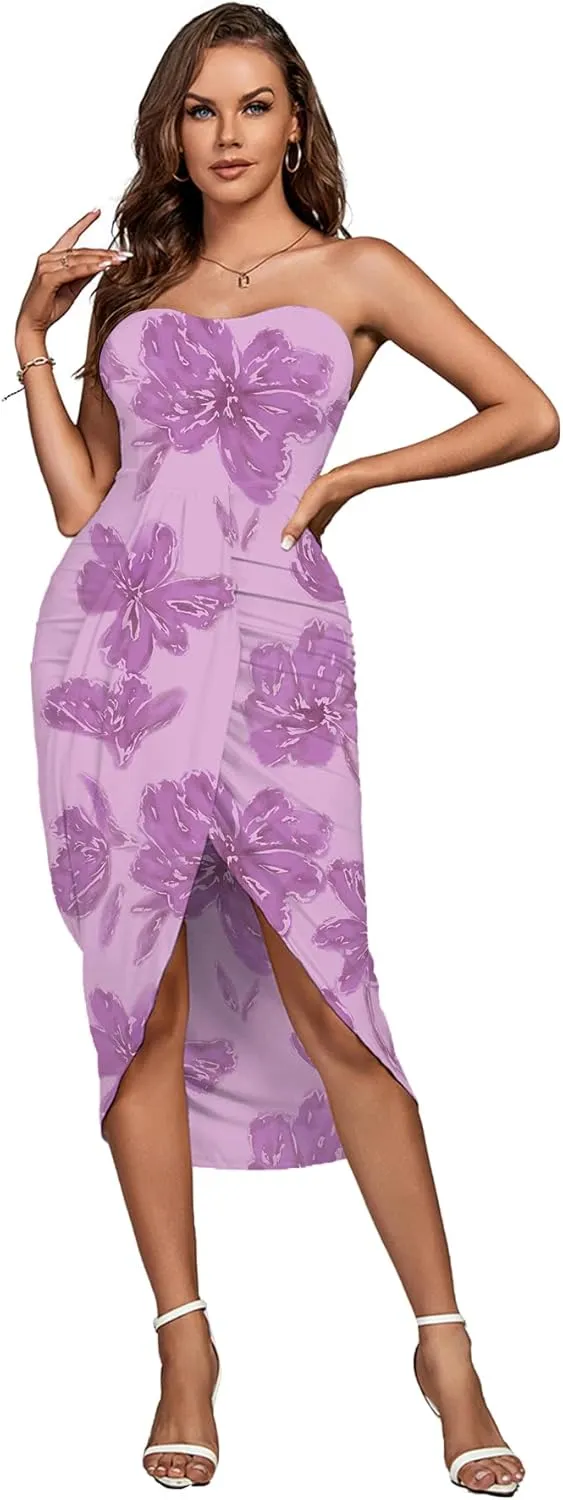 Umenlele Women's Strapless Ruched High Waist Wrap Split Asymmetrical Beach Maxi Long Dress