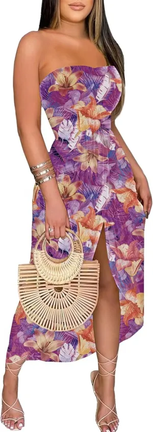 Umenlele Women's Strapless Ruched High Waist Wrap Split Asymmetrical Beach Maxi Long Dress