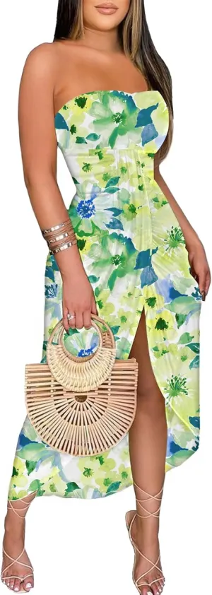 Umenlele Women's Strapless Ruched High Waist Wrap Split Asymmetrical Beach Maxi Long Dress