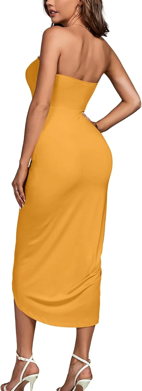 Umenlele Women's Strapless Ruched High Waist Wrap Split Asymmetrical Beach Maxi Long Dress