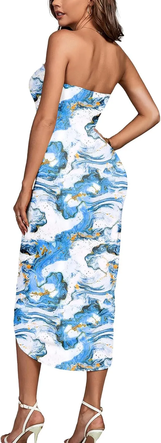 Umenlele Women's Strapless Ruched High Waist Wrap Split Asymmetrical Beach Maxi Long Dress