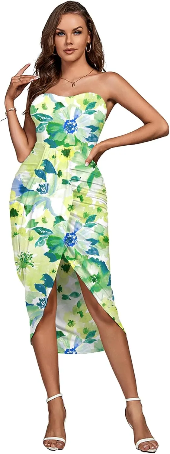 Umenlele Women's Strapless Ruched High Waist Wrap Split Asymmetrical Beach Maxi Long Dress