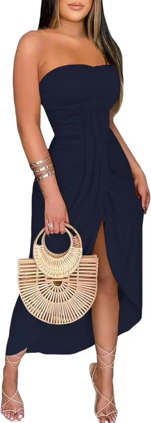Umenlele Women's Strapless Ruched High Waist Wrap Split Asymmetrical Beach Maxi Long Dress