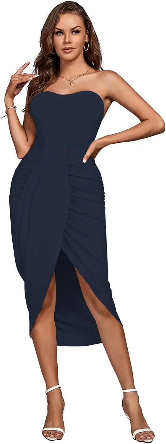 Umenlele Women's Strapless Ruched High Waist Wrap Split Asymmetrical Beach Maxi Long Dress