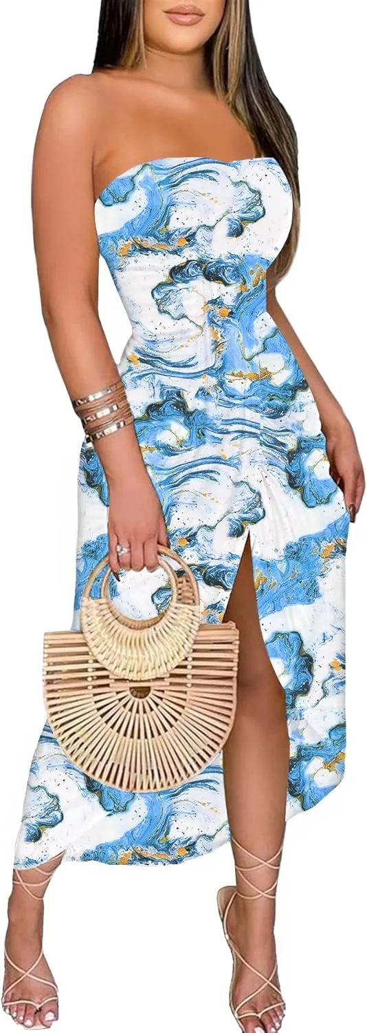 Umenlele Women's Strapless Ruched High Waist Wrap Split Asymmetrical Beach Maxi Long Dress