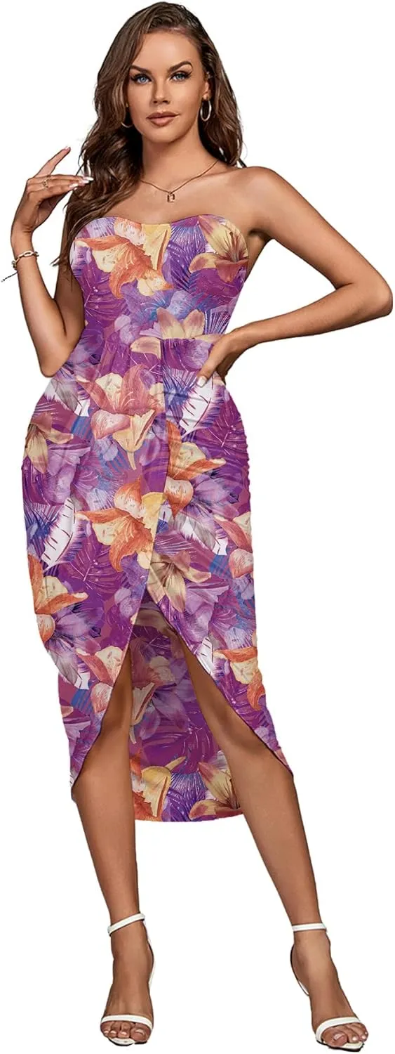 Umenlele Women's Strapless Ruched High Waist Wrap Split Asymmetrical Beach Maxi Long Dress