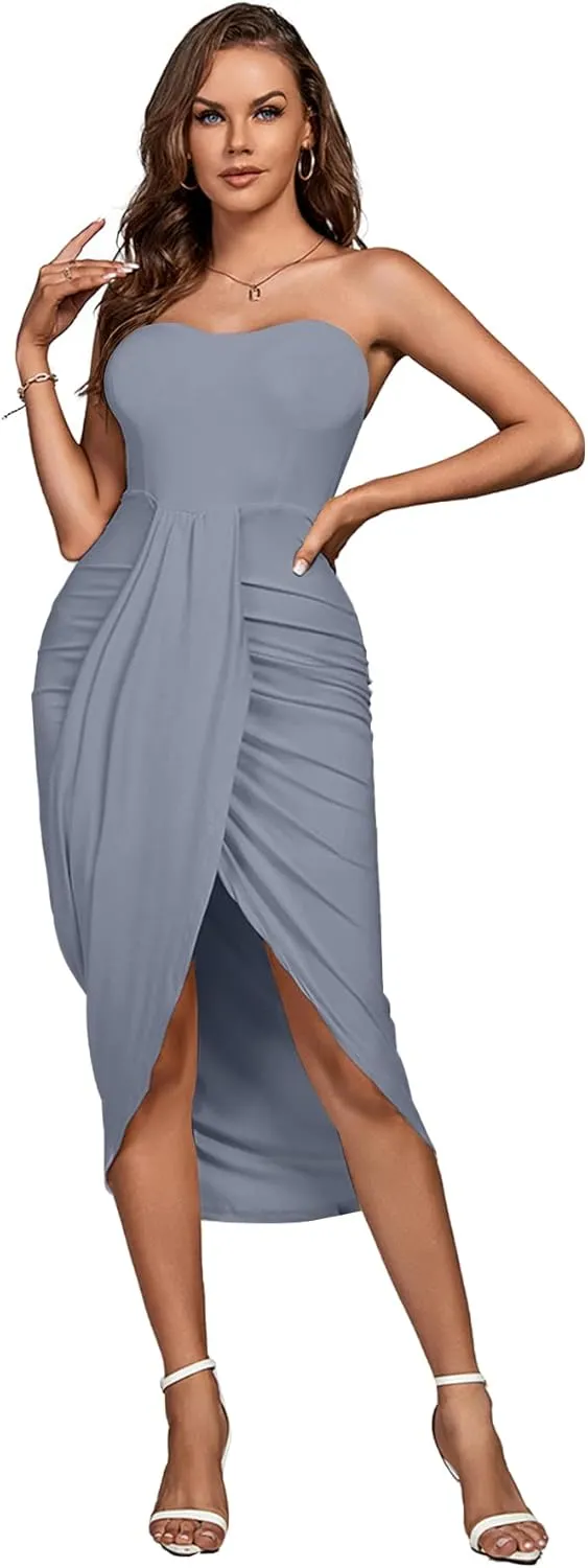 Umenlele Women's Strapless Ruched High Waist Wrap Split Asymmetrical Beach Maxi Long Dress